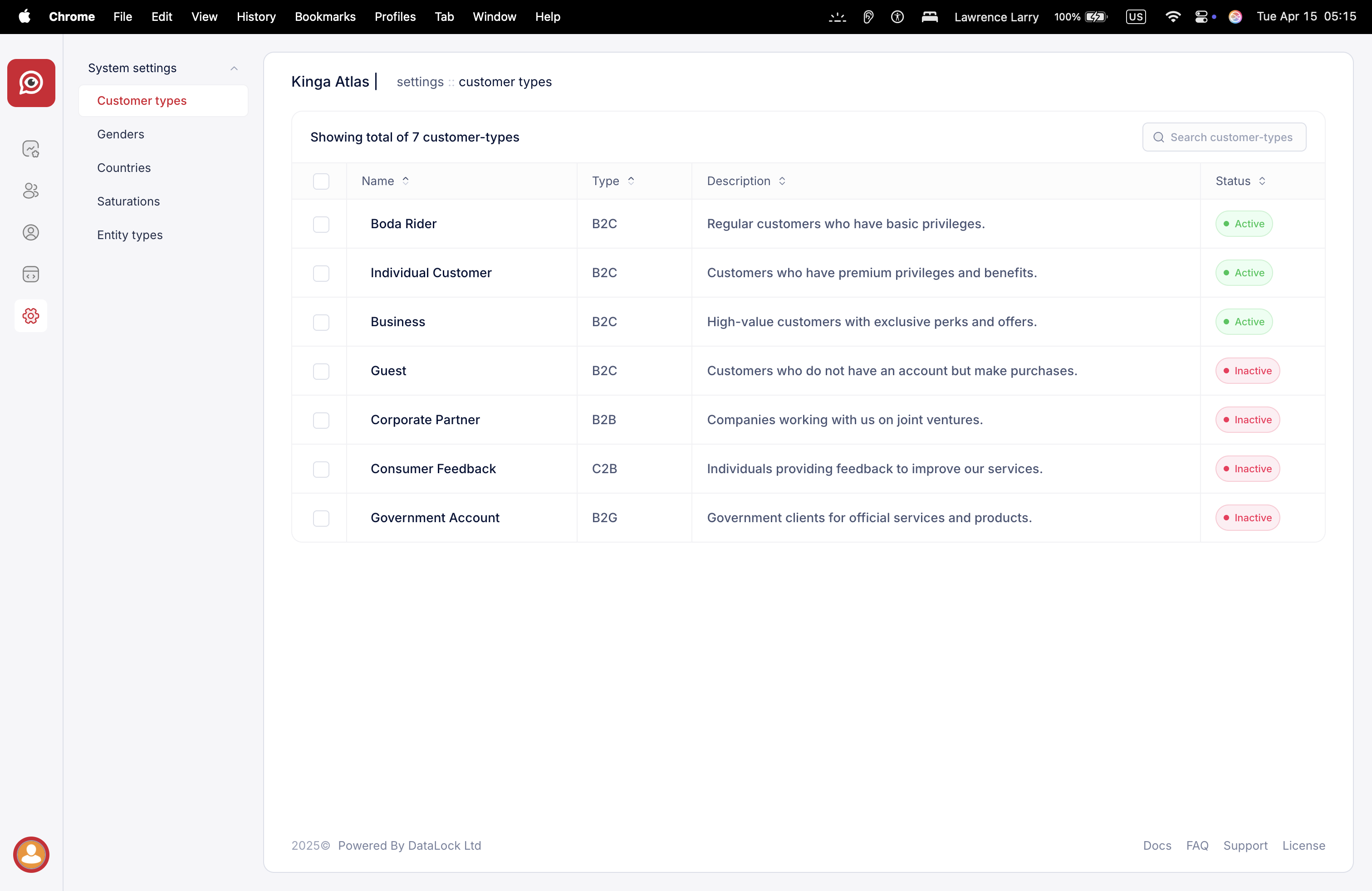 Customer Types Interface